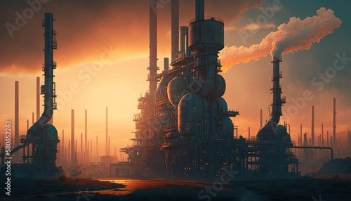 Oil refinery plant at sunset, Generative AI illustration of oil and gas industry