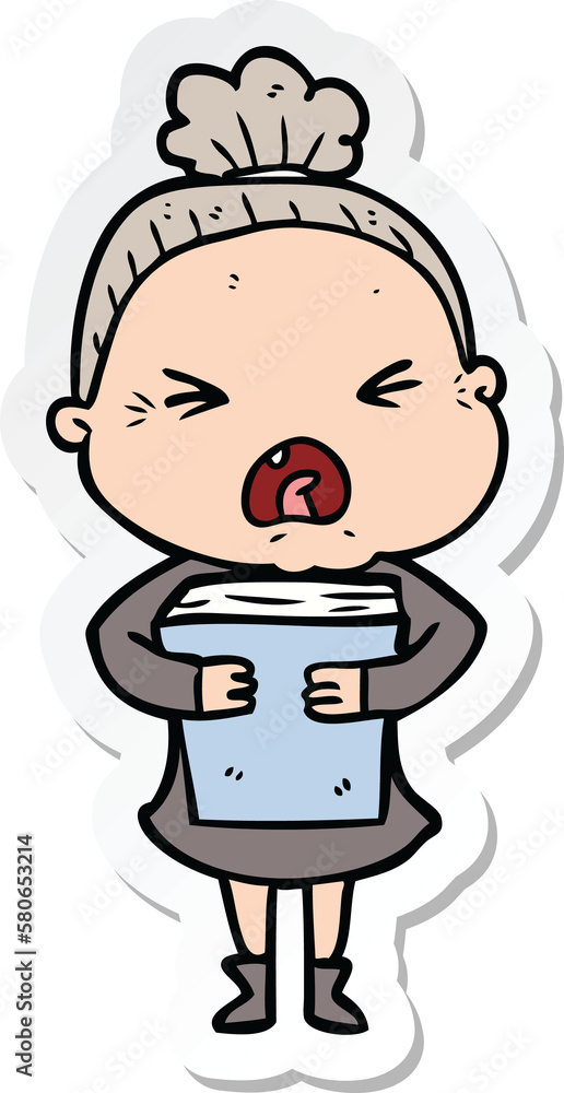 sticker of a cartoon angry old woman sticker of a cartoon angry old woman