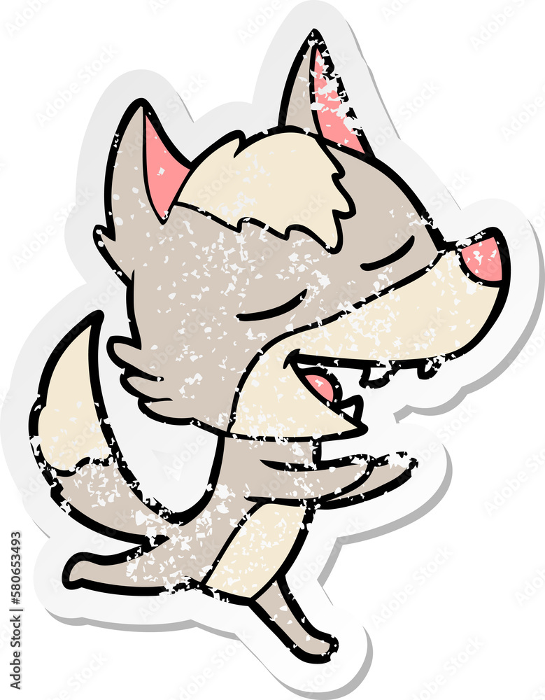 distressed sticker of a cartoon wolf laughing distressed sticker of a cartoon wolf laughing
