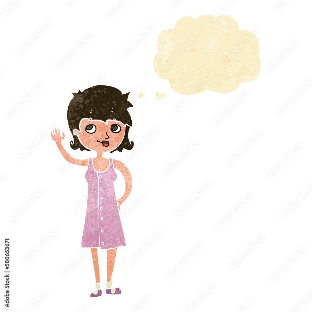 cartoon pretty woman waving with thought bubble cartoon pretty woman waving with thought bubble