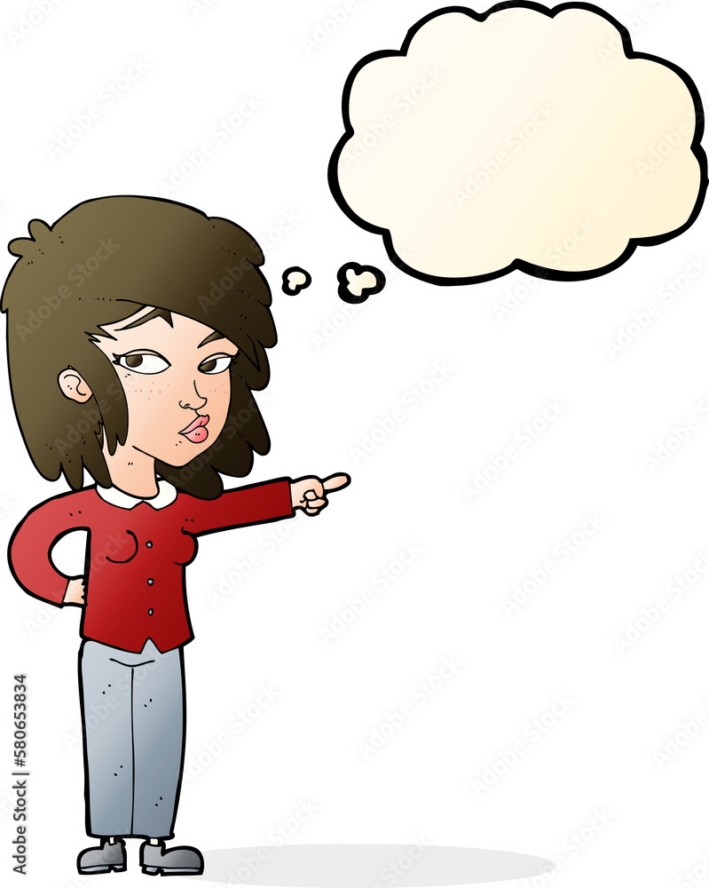 cartoon woman pointing with thought bubble cartoon woman pointing with thought bubble