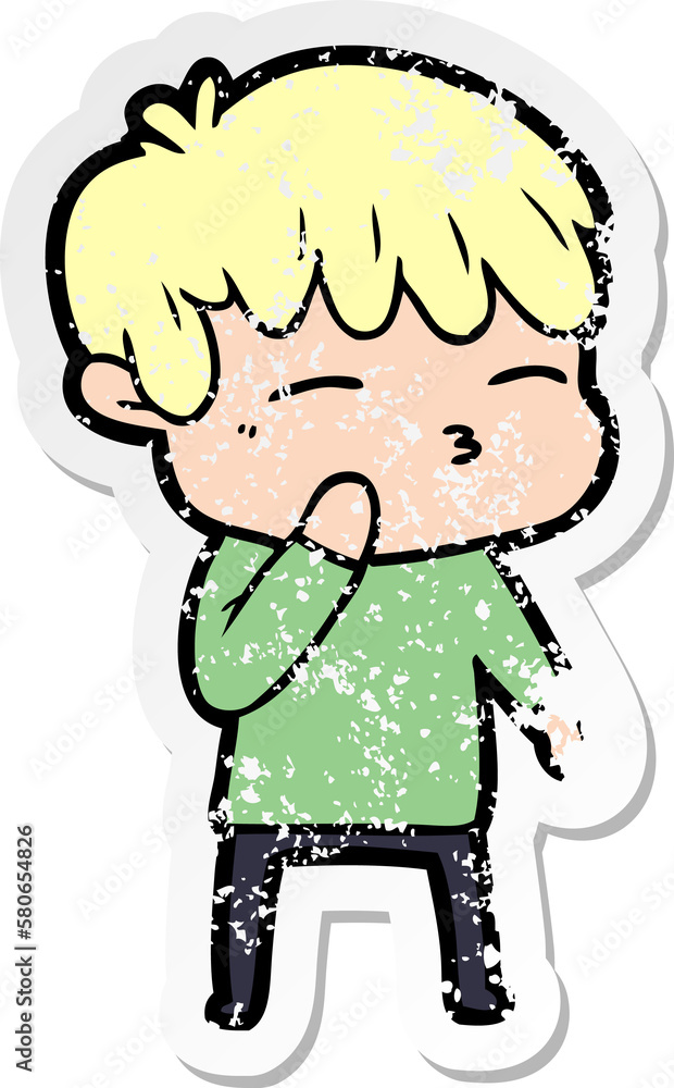 distressed sticker of a cartoon curious boy distressed sticker of a cartoon curious boy