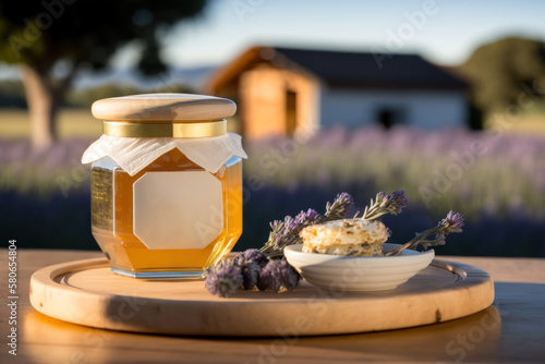 Pot de miel de lavande dans un décor naturel en extérieur photo