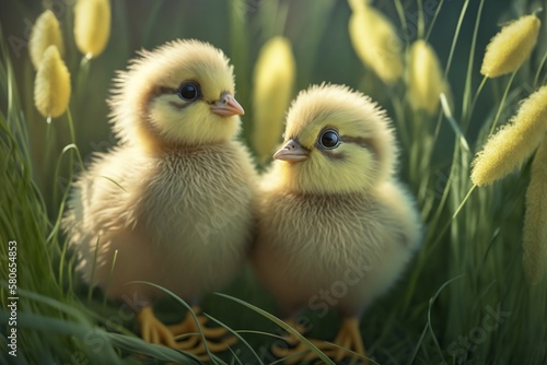 two little ducklings on the grass