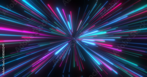 Abstract tunnel of multicolored blue purple glowing bright neon laser energy lines
