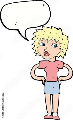 cartoon woman with hands on hips with speech bubble