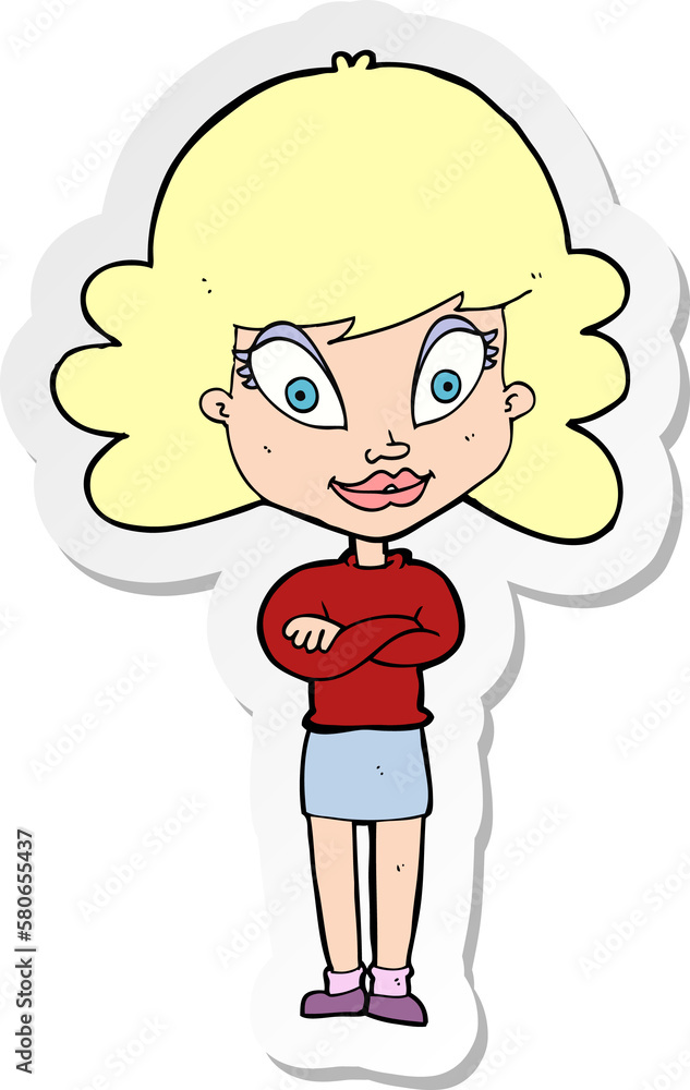 sticker of a cartoon happy woman with folded arms sticker of a cartoon happy woman with folded arms
