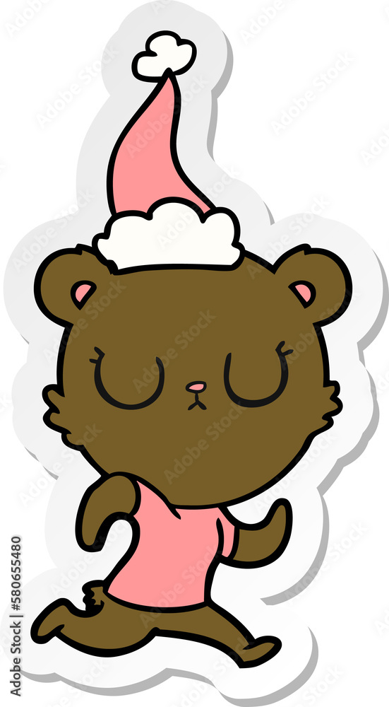 peaceful sticker cartoon of a bear running wearing santa hat peaceful sticker cartoon of a bear running wearing santa hat