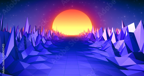 Abstract retro landscape in old style of 80s  90s with road rocks mountains and sun  abstract background