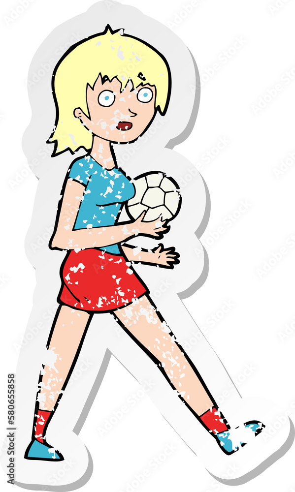 retro distressed sticker of a cartoon soccer girl retro distressed sticker of a cartoon soccer girl