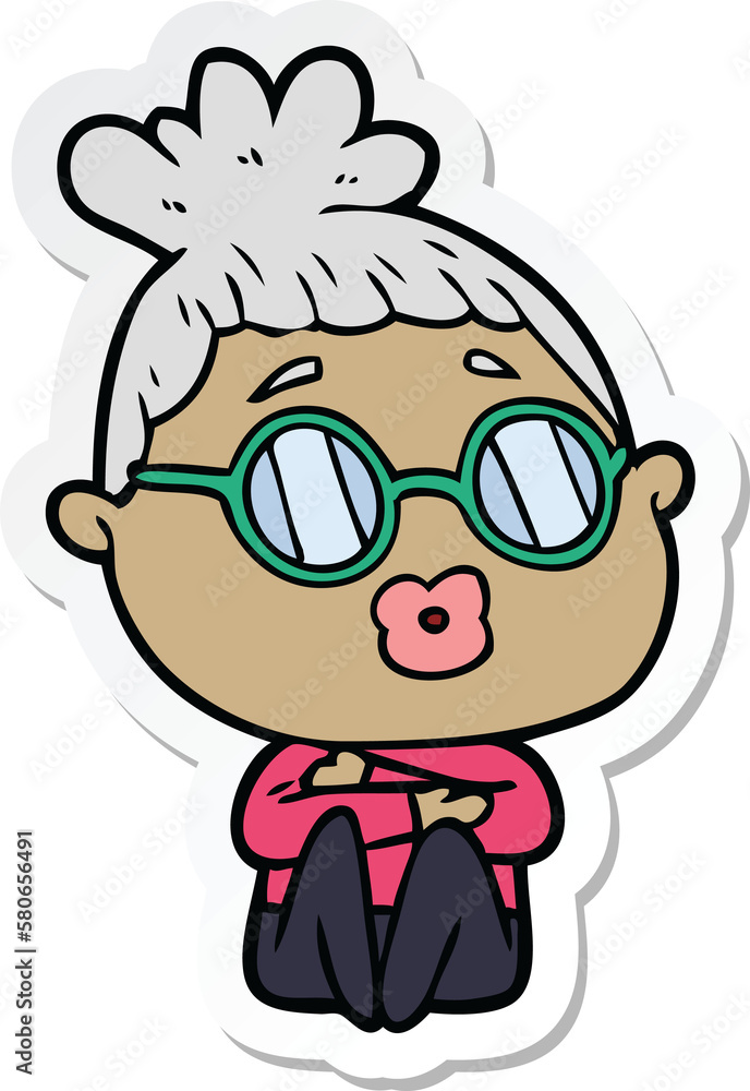 sticker of a cartoon sitting woman wearing spectacles