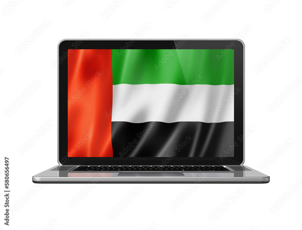 United Arab Emirates flag on laptop screen isolated on white. 3D illustration United Arab Emirates flag on laptop screen isolated on white. 3D illustration