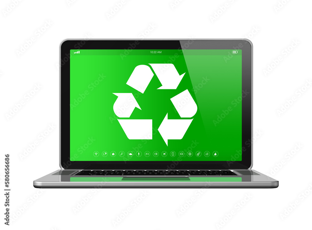 Laptop with a recycling symbol on screen. environmental conservation concept Laptop with a recycling symbol on screen. environmental conservation concept