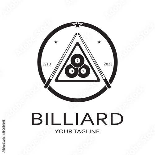 simple billiards logo template illustration with billiard balls and sticks,design for billiards booth,billiards business,bills competition,mobile billiards game,app,badge,billiards sport,vector