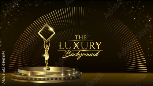 Black Golden Bollywood Stage. Steps Spot Lights. Golden Royal Awards Graphics Background. Elegant Shine Rays. Modern Luxury Premium Corporate Design Banner Certificate. Movie Cinema Nomination Slide.