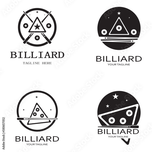 simple billiards logo template illustration with billiard balls and sticks,design for billiards booth,billiards business,bills competition,mobile billiards game,app,badge,billiards sport,vector