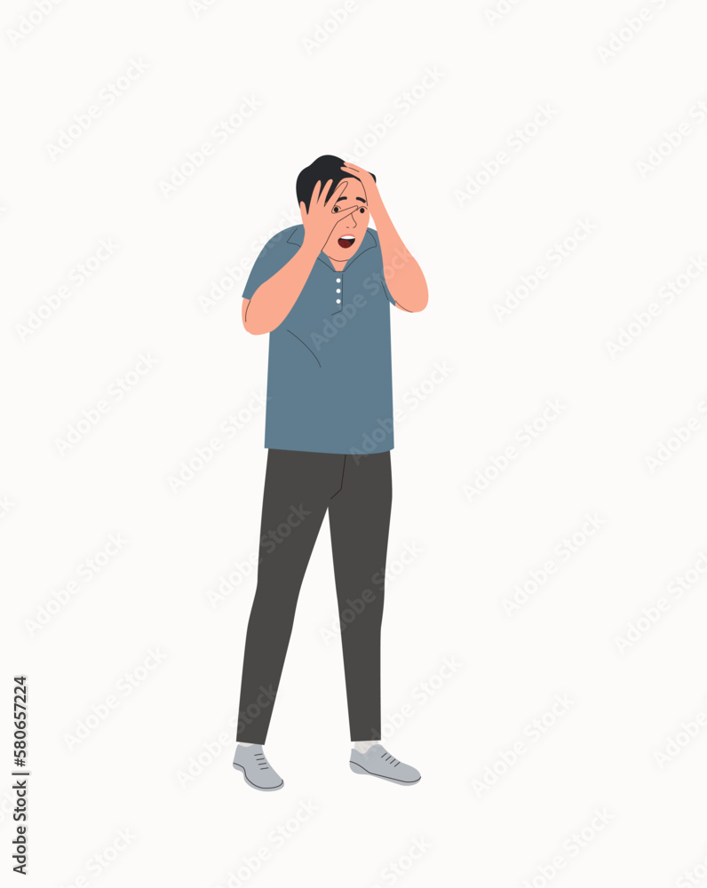 Young man in full height experiences fear, fright, stress.Vector flat style cartoon illustration. Young man in full height experiences fear, fright, stress.Vector flat style cartoon illustration.