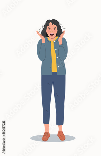 Young woman in full height experiences fear, fright, stress.Vector flat style cartoon  illustration.