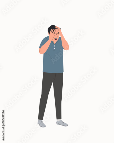 Young man in full height experiences fear, fright, stress.Vector flat style cartoon illustration.