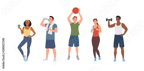 Healthy  young different athletic men and women in full height isolated. Vector cartoon flat style illustration