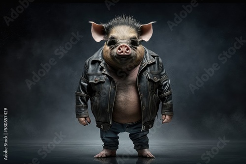 Gangster pig in a leather jacket. Generative AI