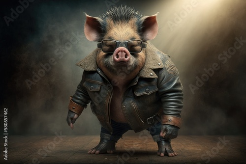 A pig wearing a leather jacket. Generative AI