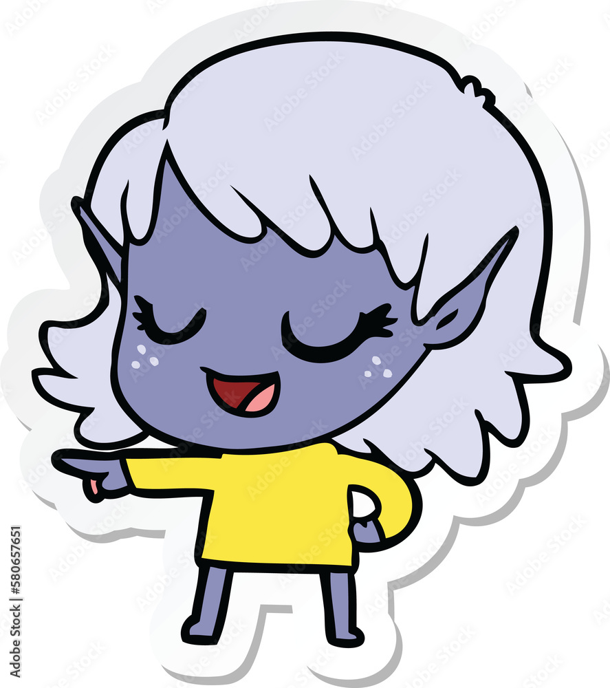 sticker of a happy cartoon elf girl pointing sticker of a happy cartoon elf girl pointing