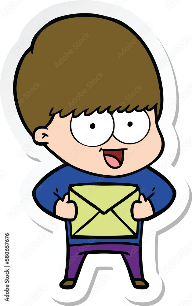 sticker of a happy cartoon boy with present sticker of a happy cartoon boy with present