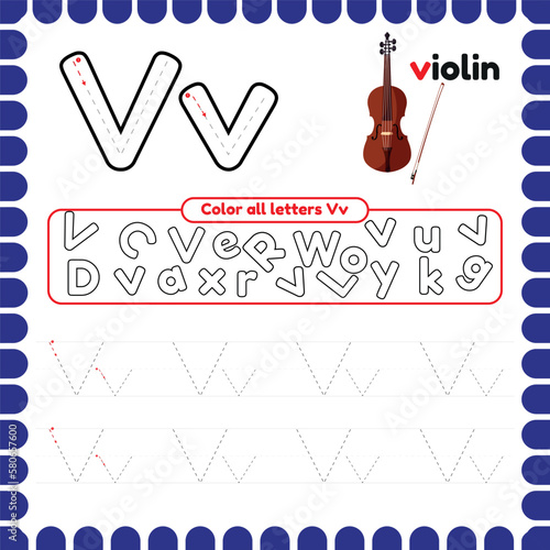 Alphabet Tracing Worksheet with letters. Writing practice letter V.