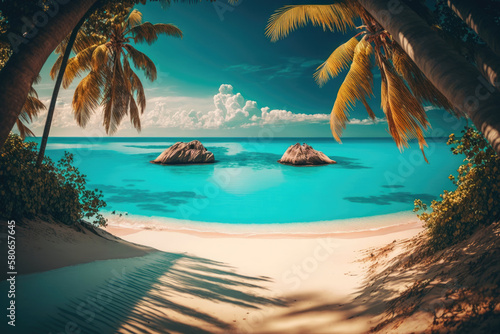 view between palm trees to a beautiful white sandy beach and the blue sea, two rocks in the sea