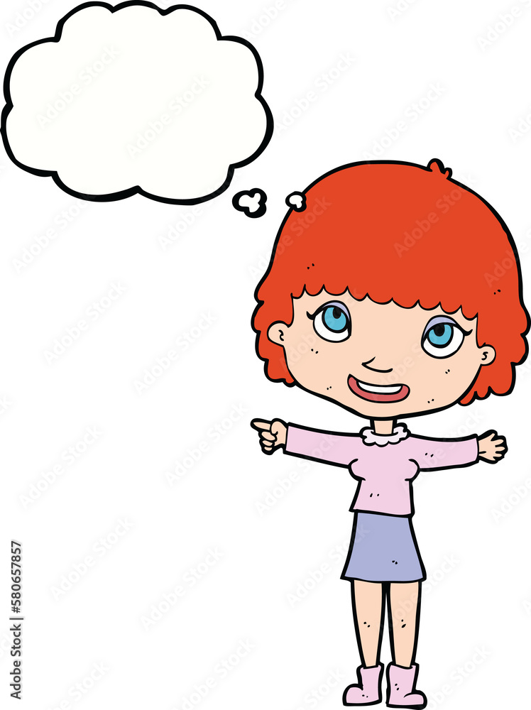 cartoon happy woman pointing with thought bubble cartoon happy woman pointing with thought bubble