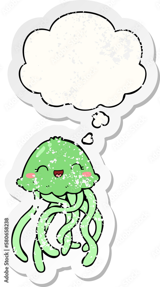 cute cartoon jellyfish and thought bubble as a distressed worn sticker cute cartoon jellyfish and thought bubble as a distressed worn sticker
