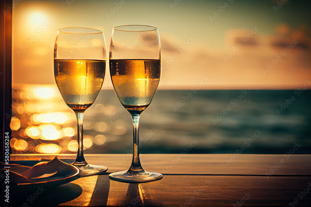 Two glasses of champagne on the table at sunset. Beach, sunset with sea background. Generative AI.