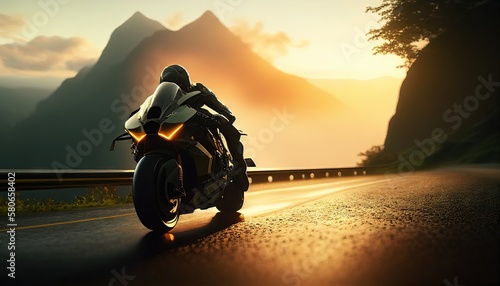 A lone motorcycle rider zooms through the winding mountain roads, with the rugged peaks and lush greenery in the backdrop, as the sun sets behind them. Generative AI. © GustavsMD