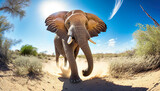 Up close with the African elephant: a dangerous encounter in the savannah. Generative AI.