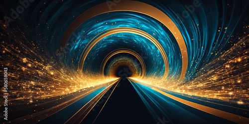 Speed of light, warp speed tunnel, gold and cyanoblue color with particles, background, Generative AI