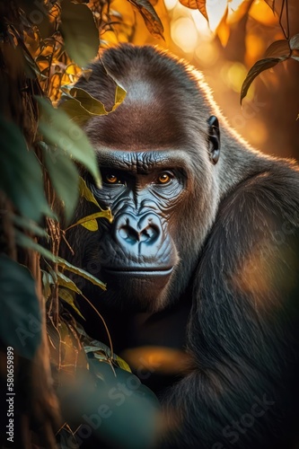 Portrait of gorilla in the sunset, made with generated ai