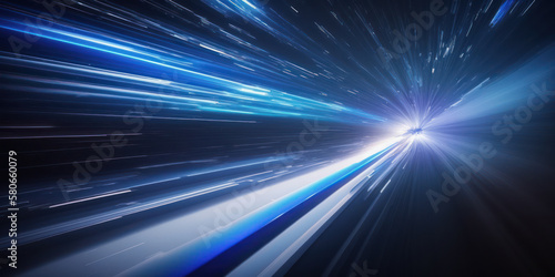 Light speed, hyperspace, space warp background, in blue. Generative AI. photo