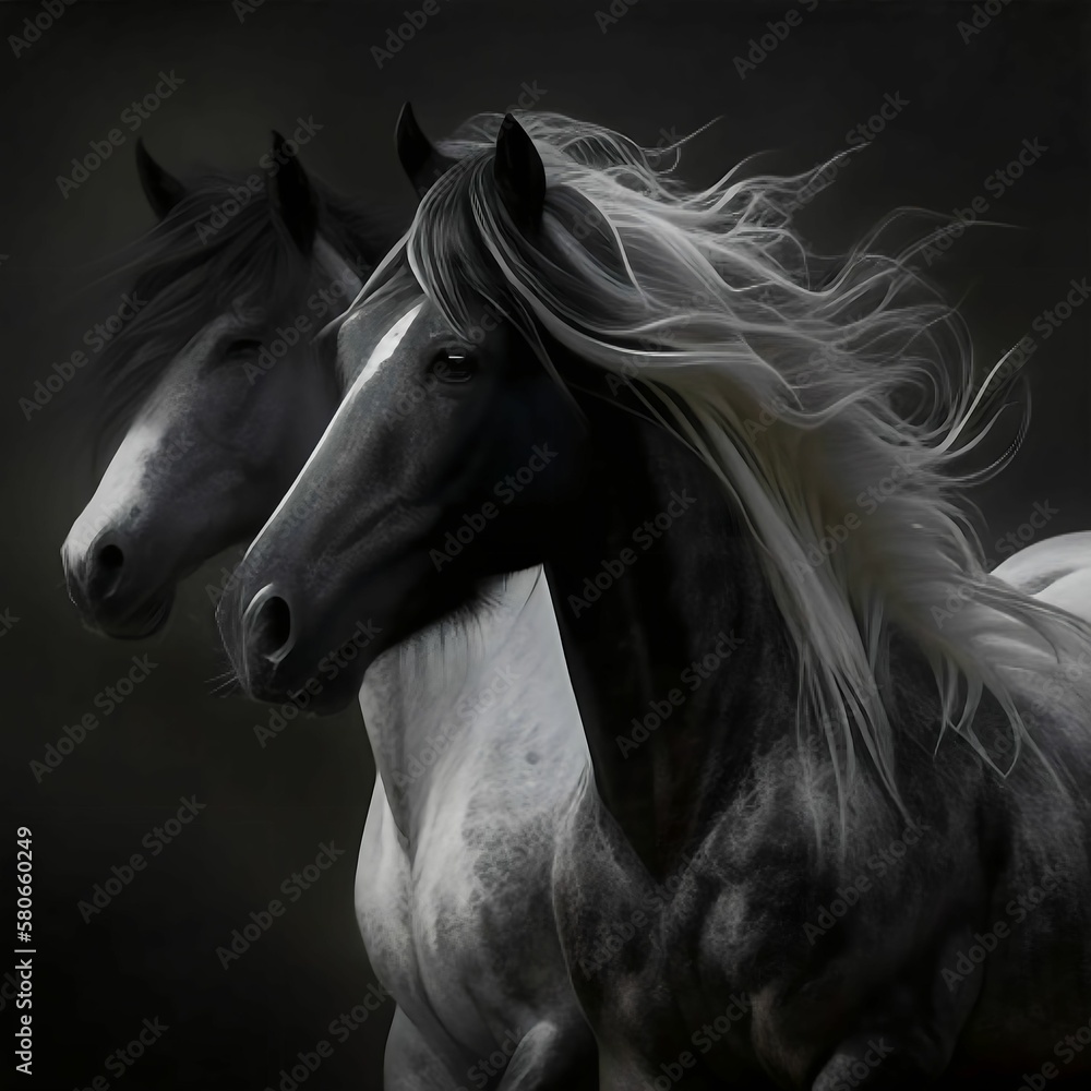 Black and White Horses Running in Water, AI Generated Black and White Horses Running in Water, AI Generated