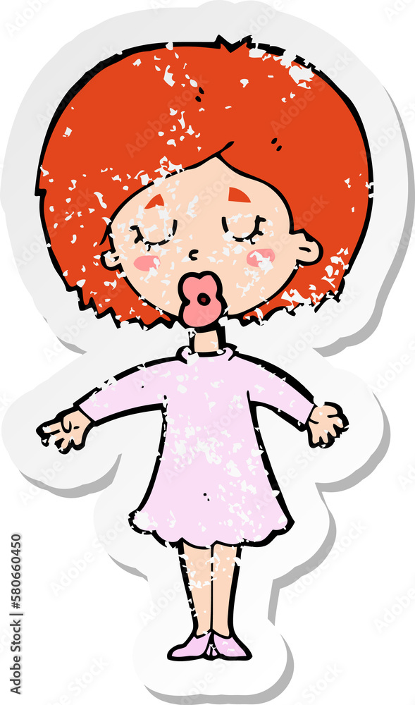retro distressed sticker of a cartoon woman in dress retro distressed sticker of a cartoon woman in dress