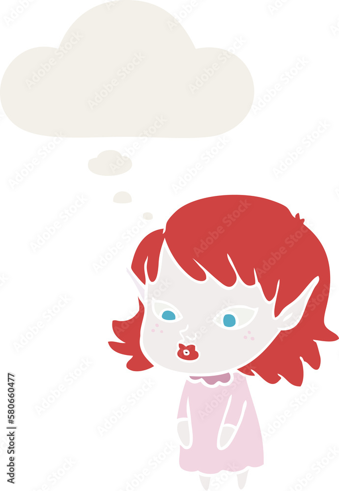 cartoon elf girl with pointy ears and thought bubble in retro style cartoon elf girl with pointy ears and thought bubble in retro style