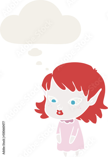 cartoon elf girl with pointy ears and thought bubble in retro style