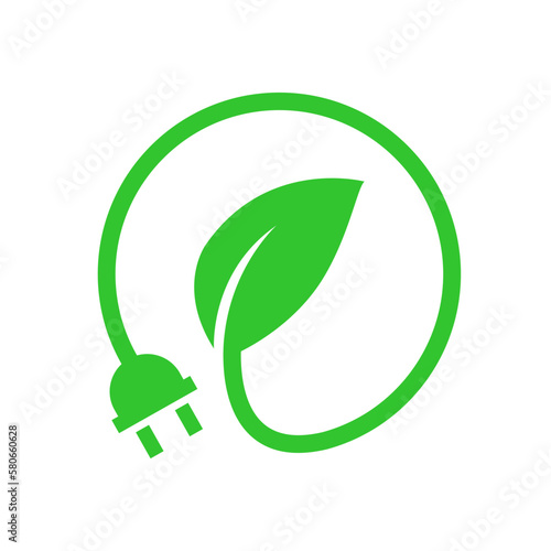 Green renewable plug leaf icon design. Electric power energy charge button symbol illustration.