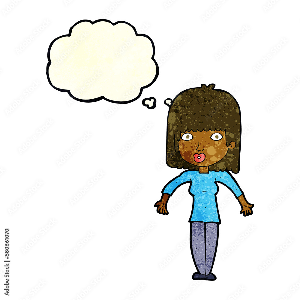 cartoon woman shrugging with thought bubble cartoon woman shrugging with thought bubble