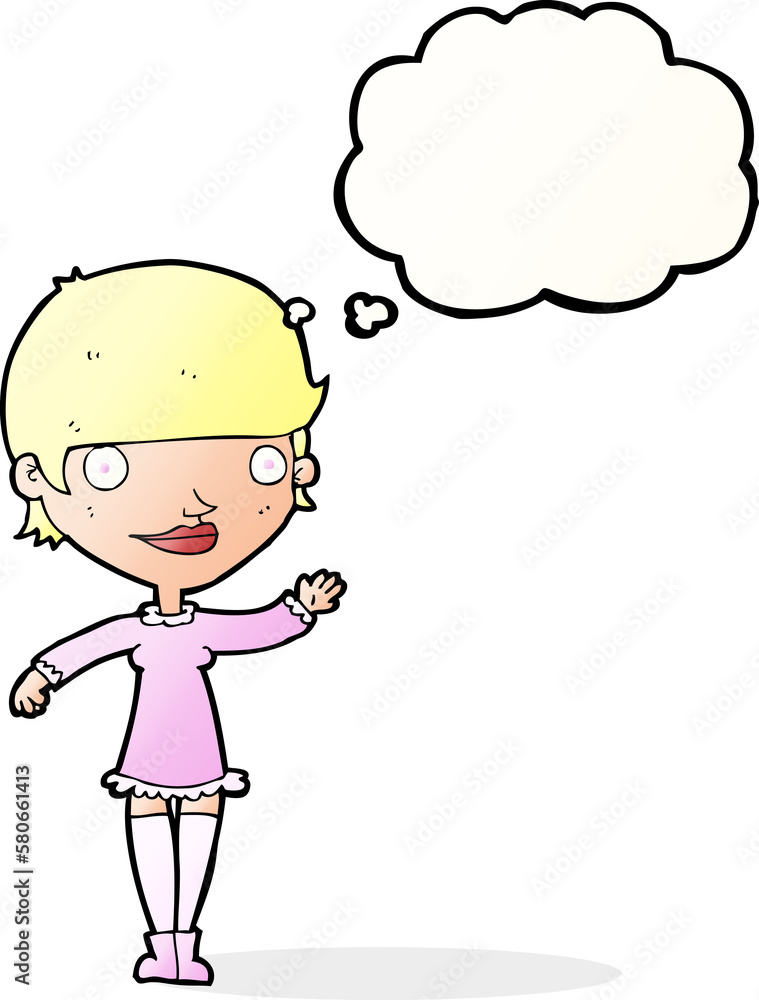 cartoon waving woman with thought bubble cartoon waving woman with thought bubble