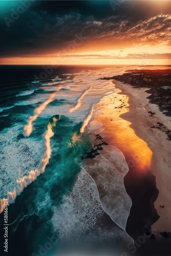 Beautiful beach in the sunset from birds view, made with generated ai