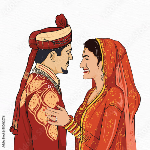 A cartoon of an indian mariied couple in traditional dress for weddeing looking att each other