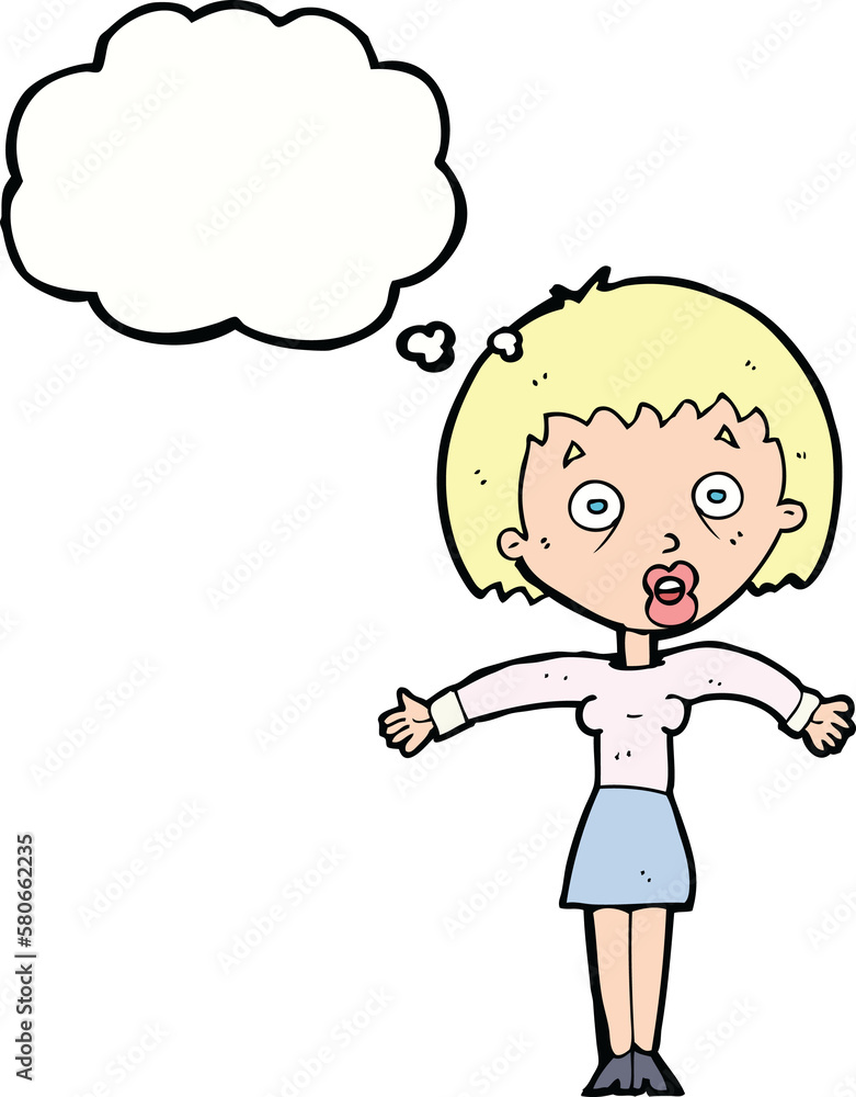 cartoon woman shrugging shoulders with thought bubble cartoon woman shrugging shoulders with thought bubble