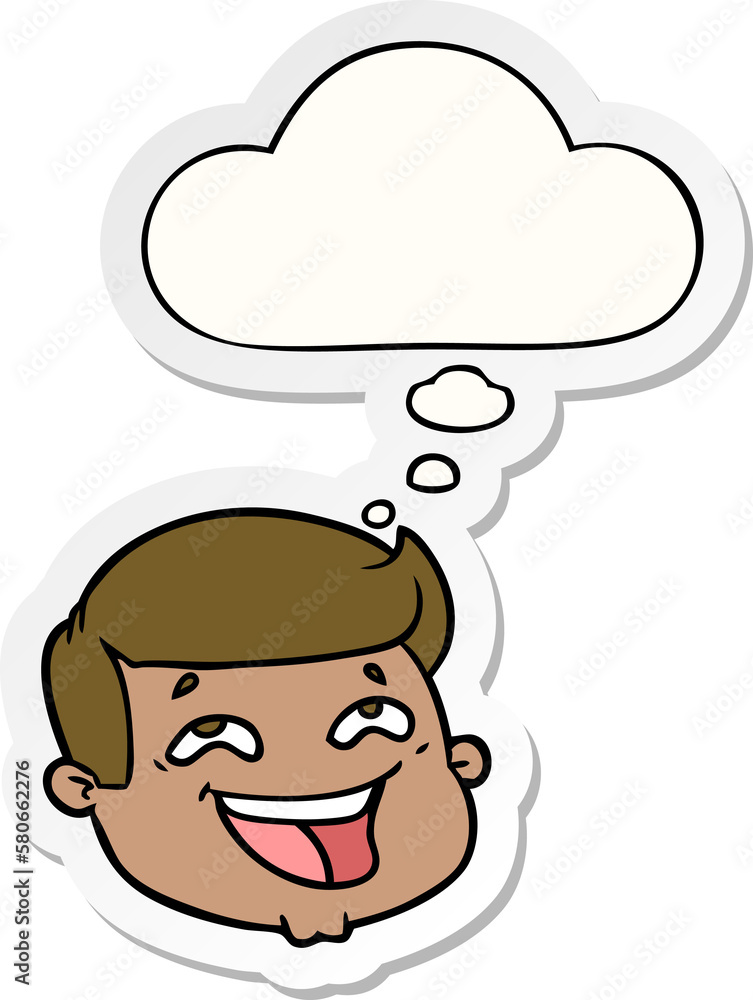 happy cartoon male face and thought bubble as a printed sticker happy cartoon male face and thought bubble as a printed sticker