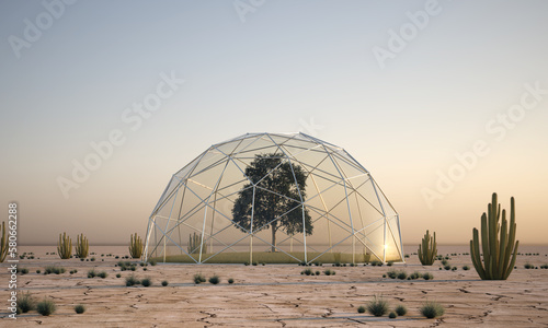 tree under a glass dome in desert area - 3D Illustration photo